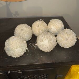 Set 6 white beaded pearl Christmas ornaments